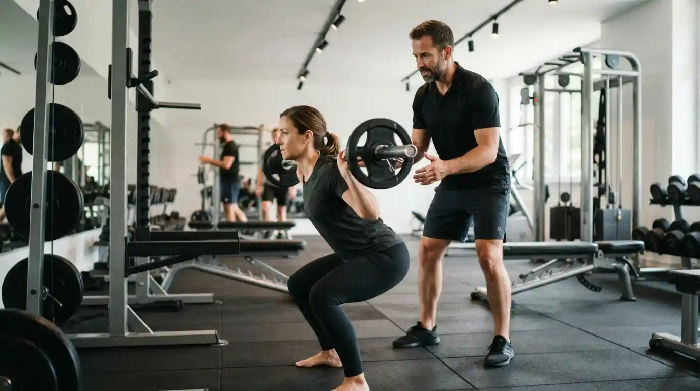 Bodybuilding coach guiding a client through a strength-training exercise in a modern gym