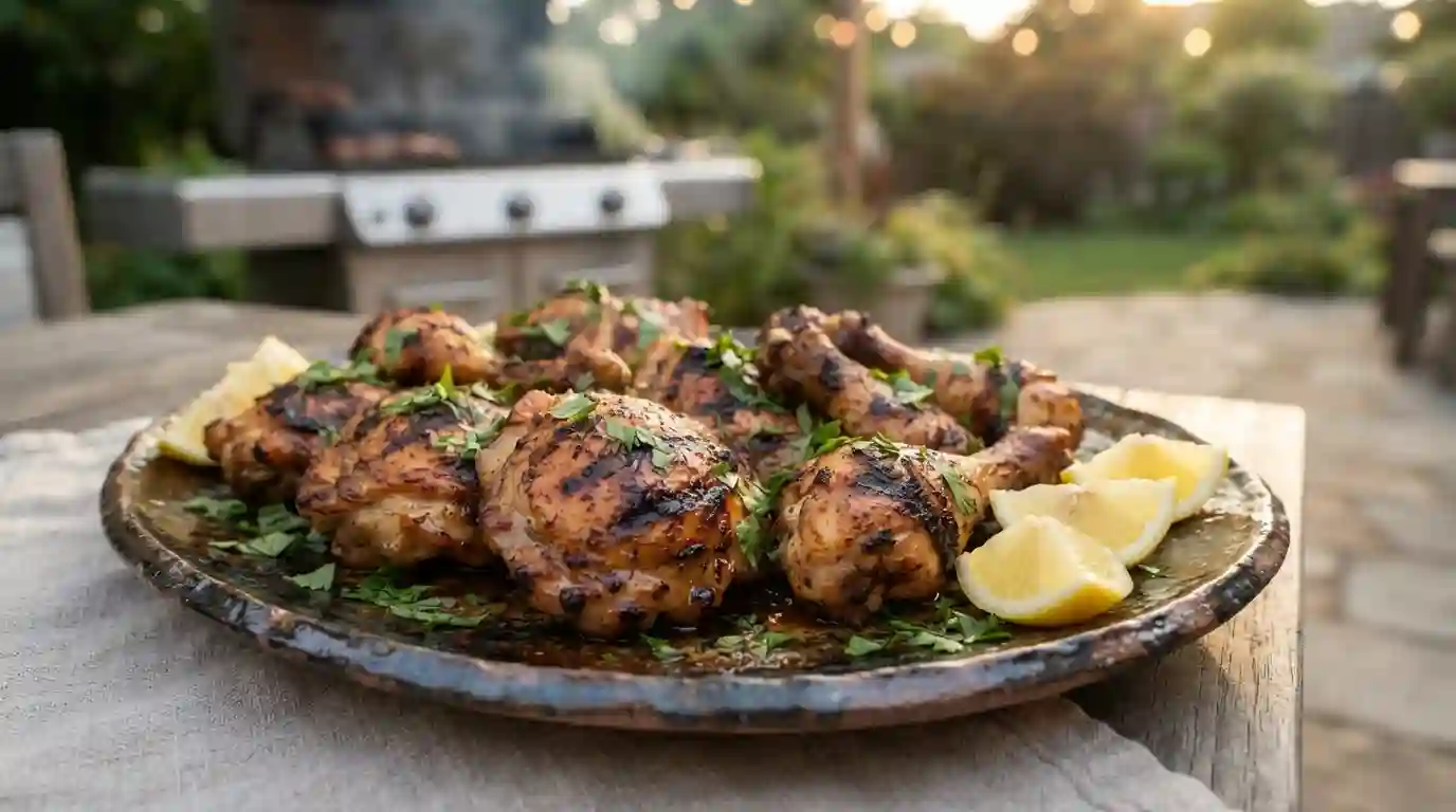 Juicy grilled chicken pieces with golden grill marks, lemon wedges, and fresh herbs on a serving platter