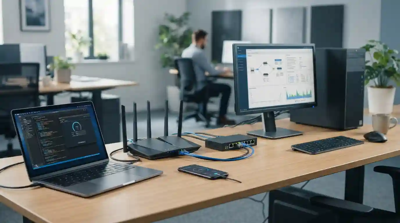 Modern router and network switch connecting computers, smartphone, and other devices in an office