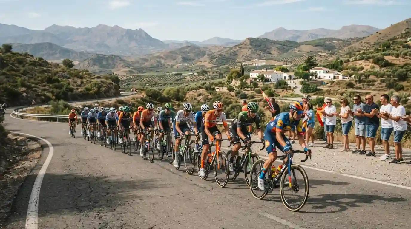 Professional cyclists racing along a scenic Spanish road with mountains in the background