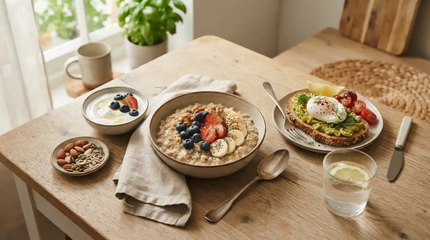 Balanced breakfast with oatmeal, berries, eggs, avocado toast, yogurt, nuts, and fruit on a kitchen table.