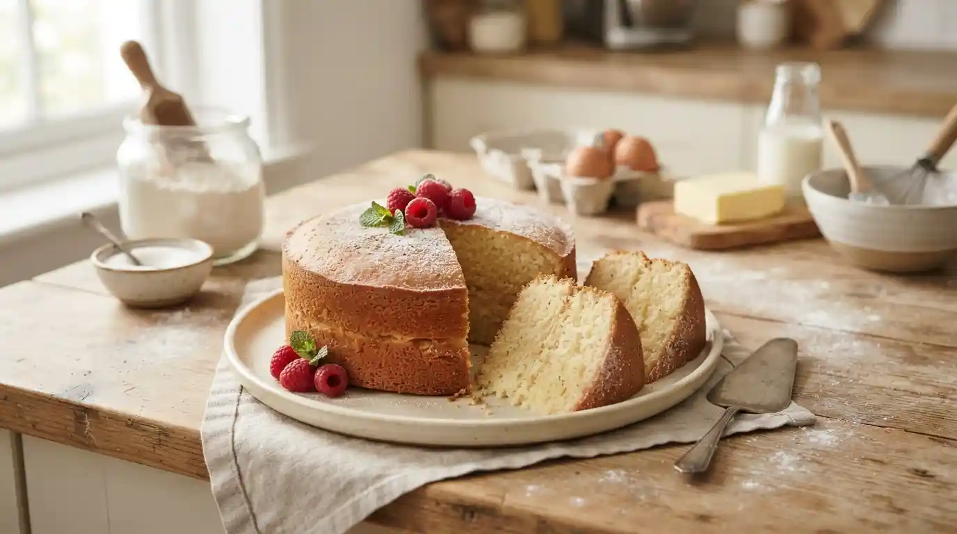 Freshly baked homemade vanilla cake with two slices showing its soft interior