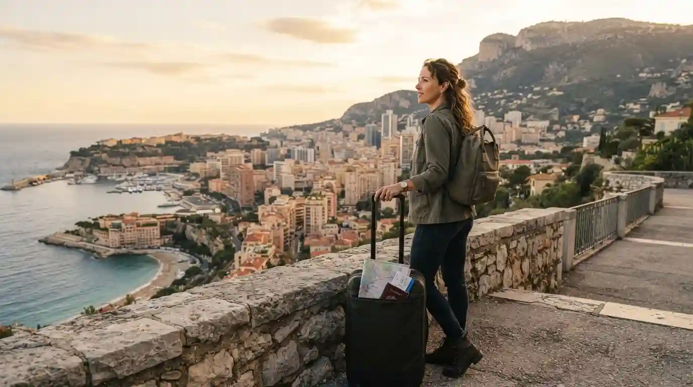 Traveler with backpack and carry-on overlooking a scenic international landscape