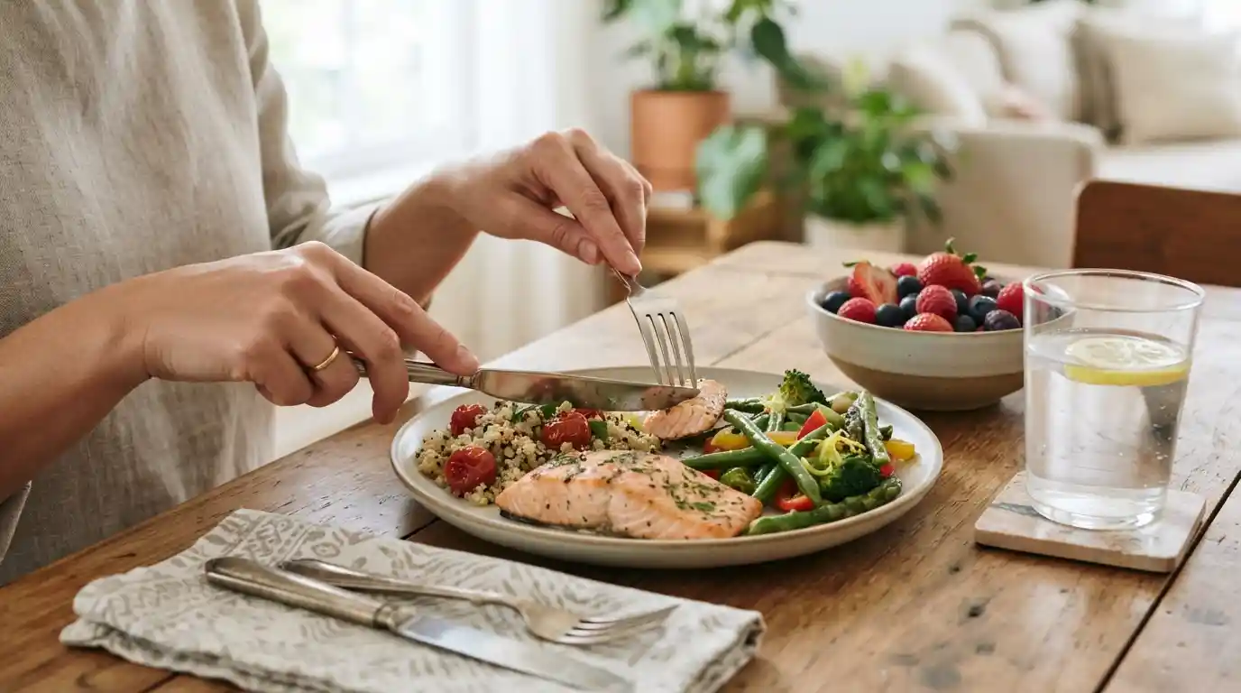 Balanced meal with vegetables, whole grains, lean protein, fruit, and water on a dining table