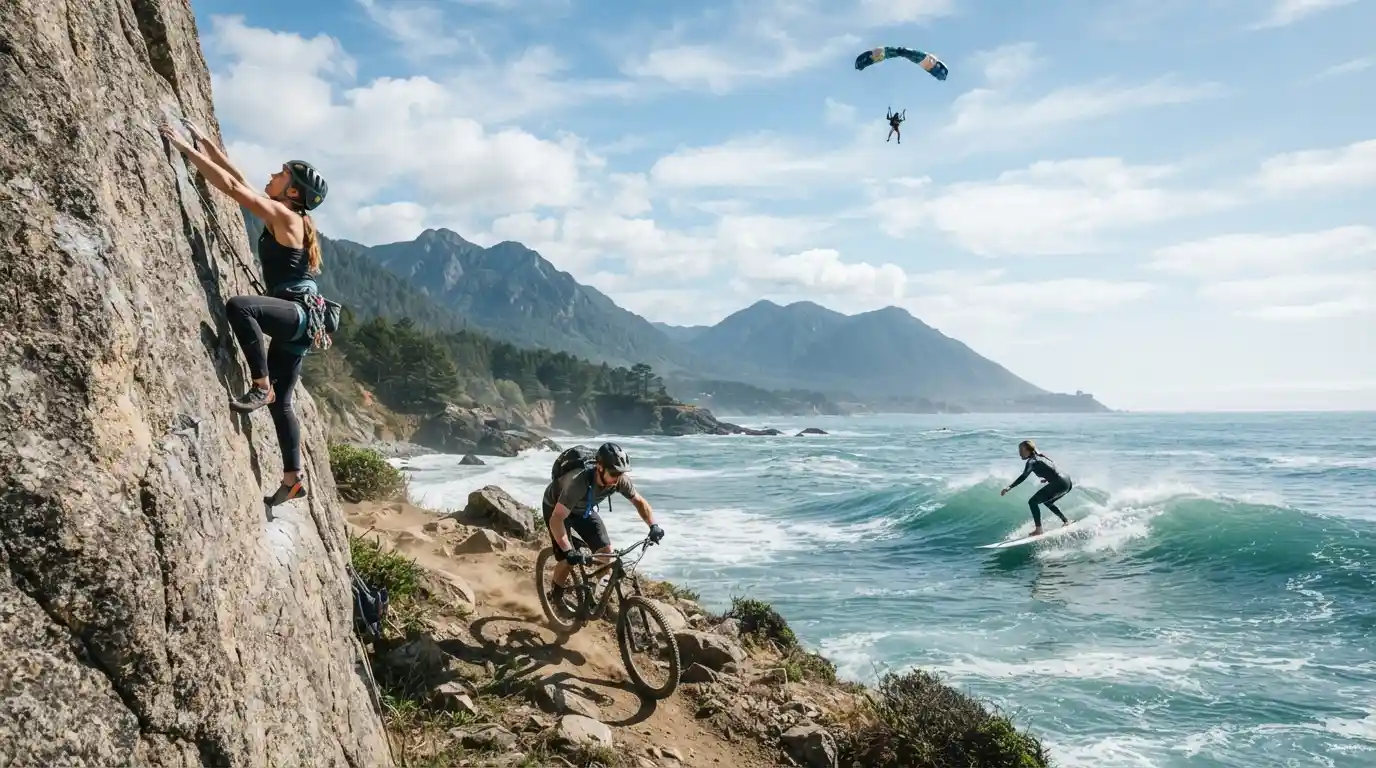 Rock climber, mountain biker, surfer, and skydiver representing adventurous sports
