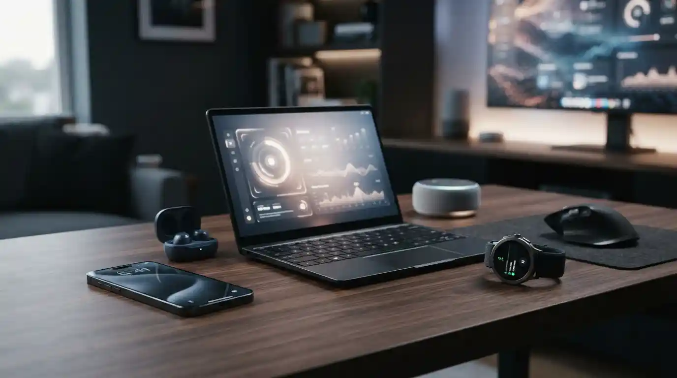 Modern smartphone, laptop, smartwatch, earbuds, and smart home device arranged on a desk to represent upcoming gadgets.