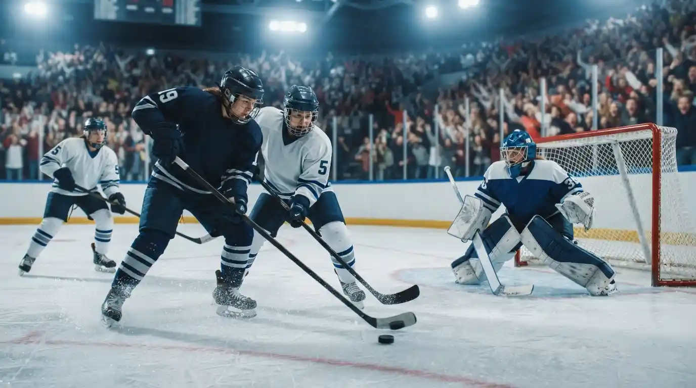 Women’s ice hockey players competing during a championship game in a packed American arena