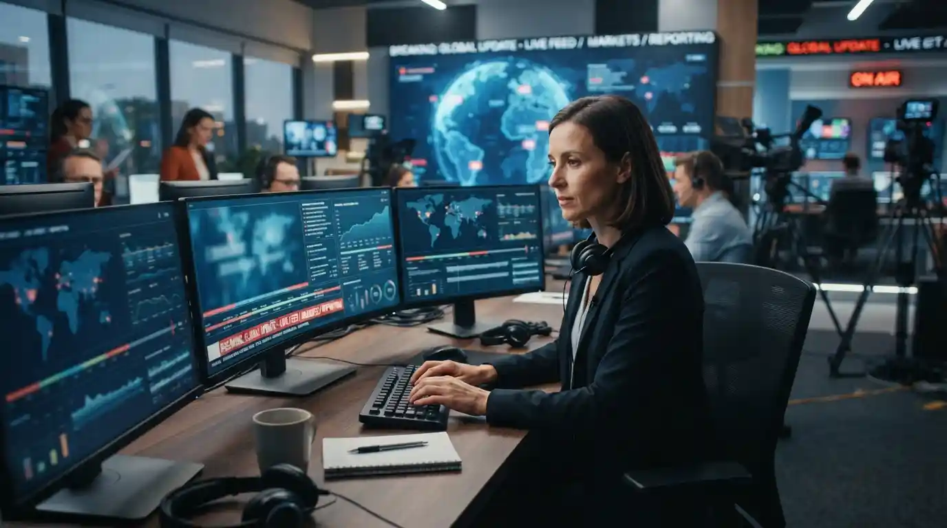 Journalist working in a modern digital newsroom with live news screens