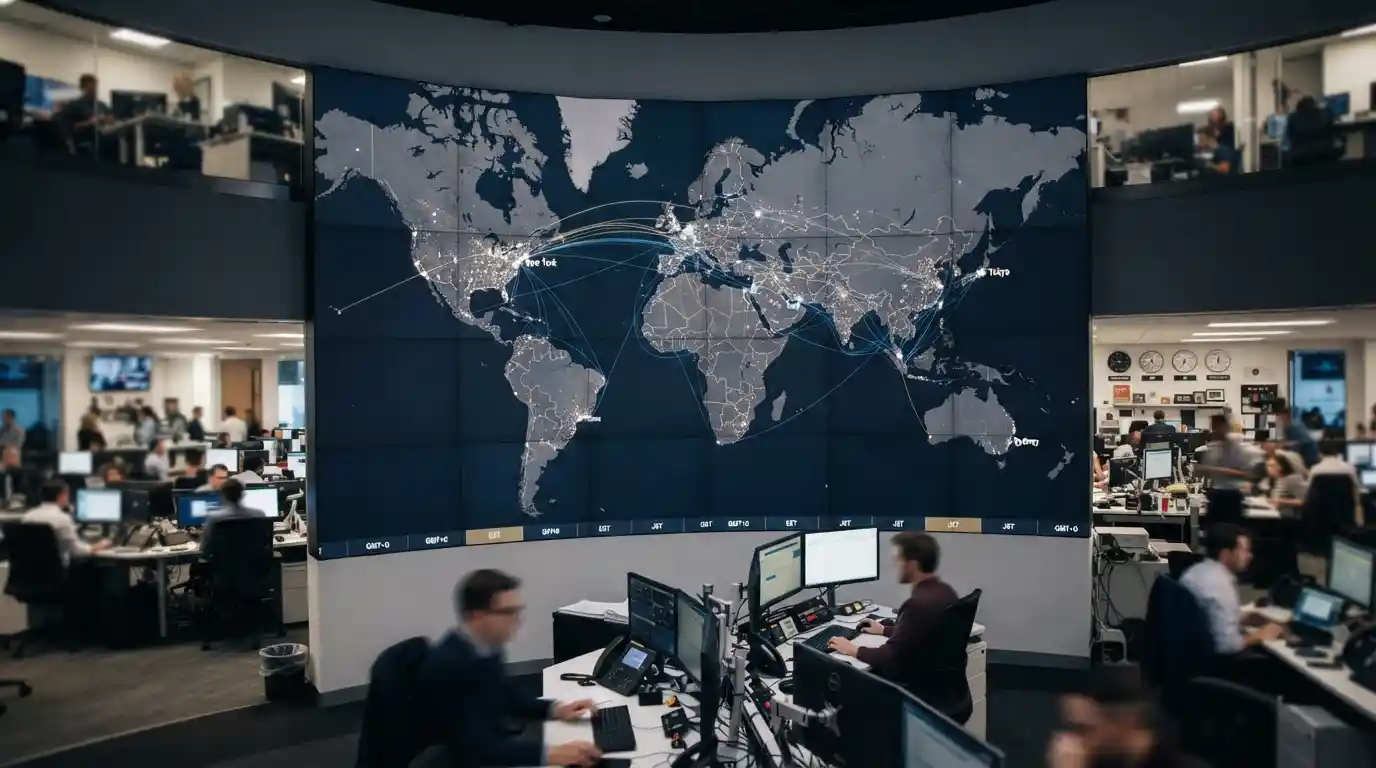 Global world map displayed on digital news screens in a modern newsroom