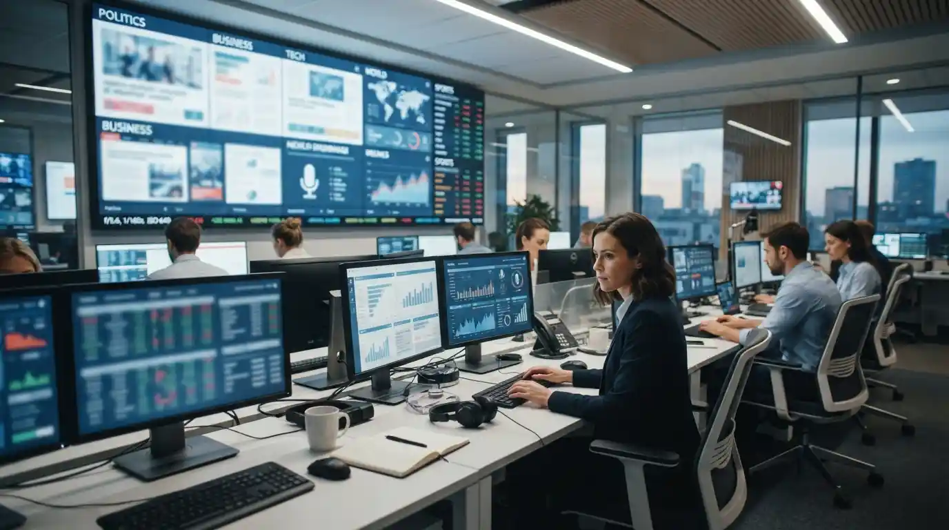 Modern newsroom with a journalist reviewing digital news updates on multiple screens