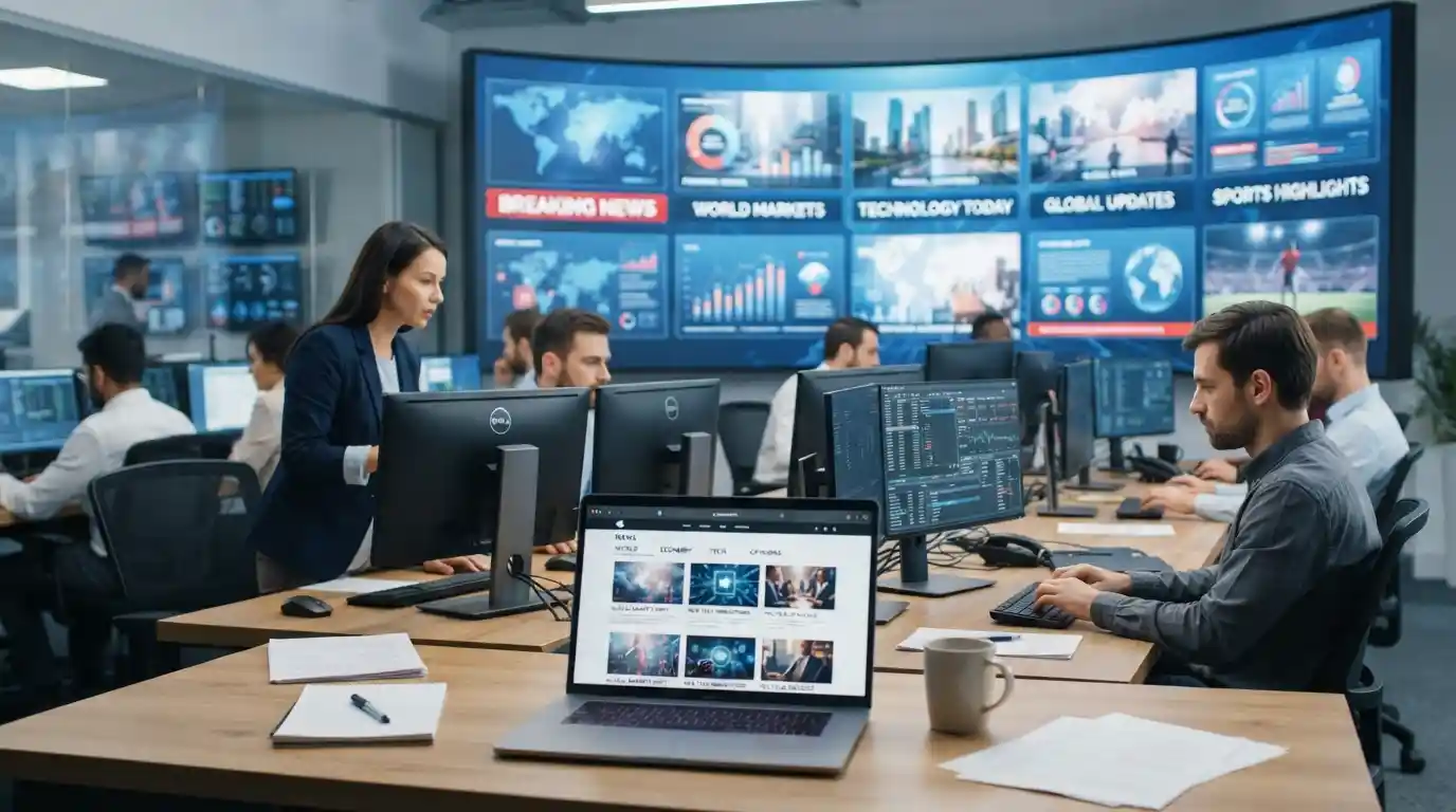 Modern digital newsroom with multiple news categories displayed across connected screens