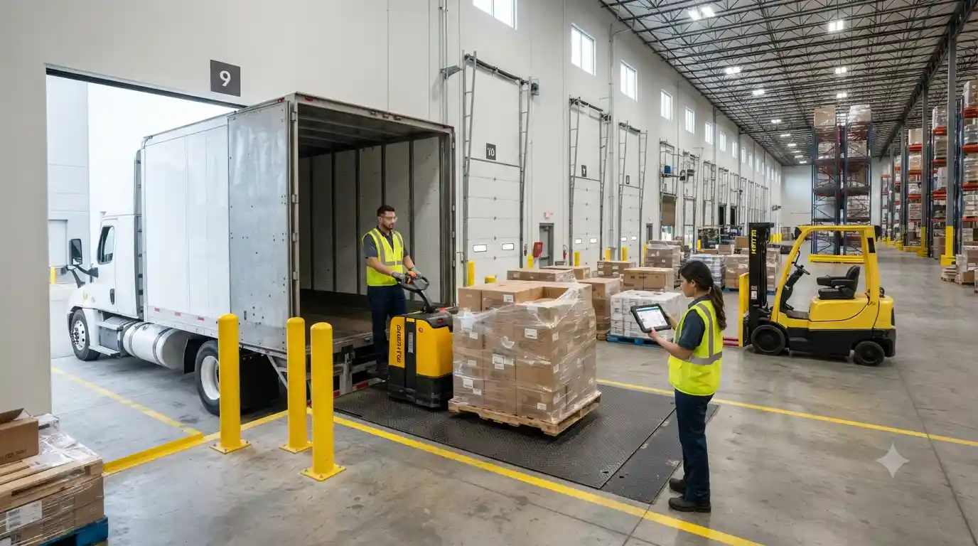 Warehouse workers unloading palletized freight from a truck at a distribution center