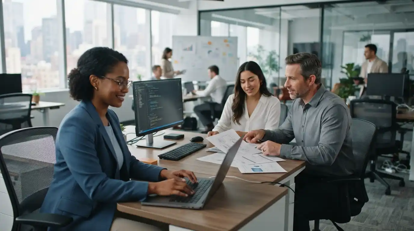 Professionals discussing technology and career opportunities in a modern office