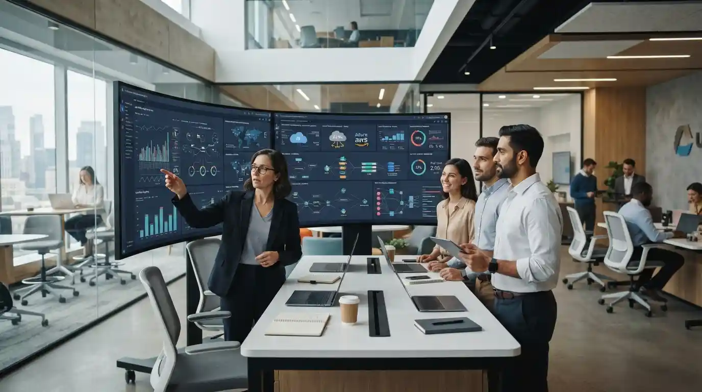 Business professionals using connected digital technology and analytics systems in a modern office