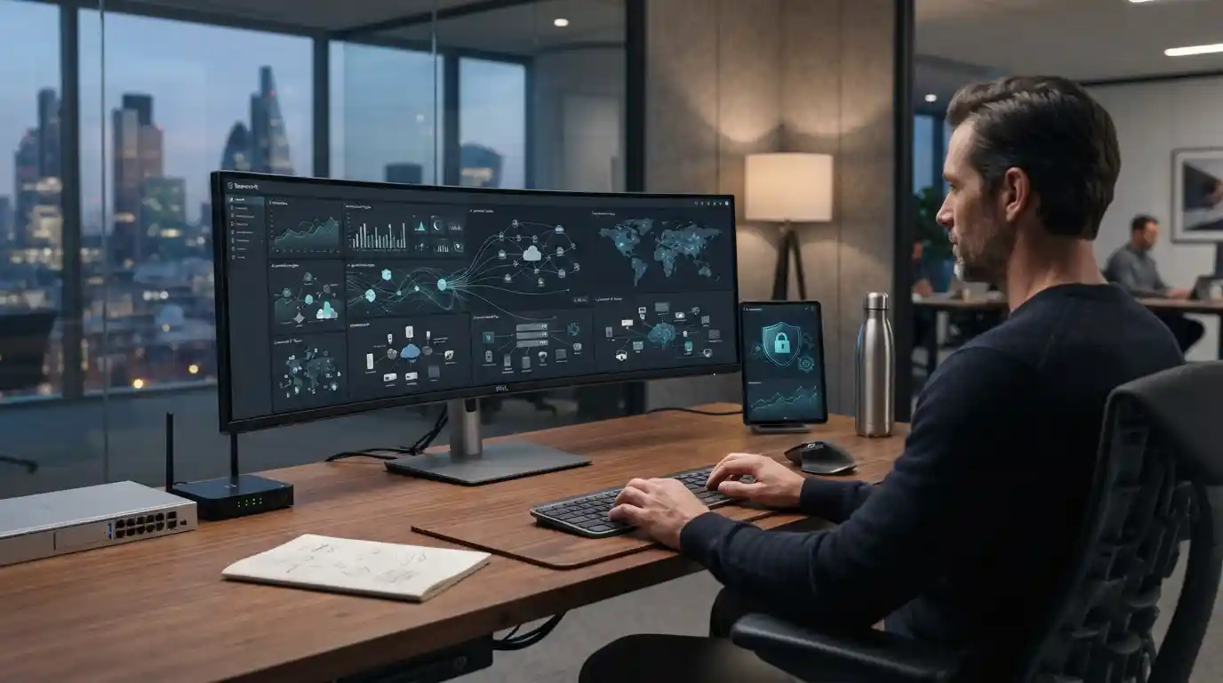 Modern technology workspace showing AI data, connected devices, cloud computing, and digital infrastructure