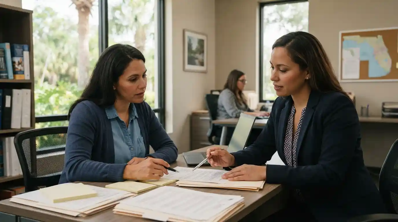 Legal aid attorney reviewing documents with a client in a professional office