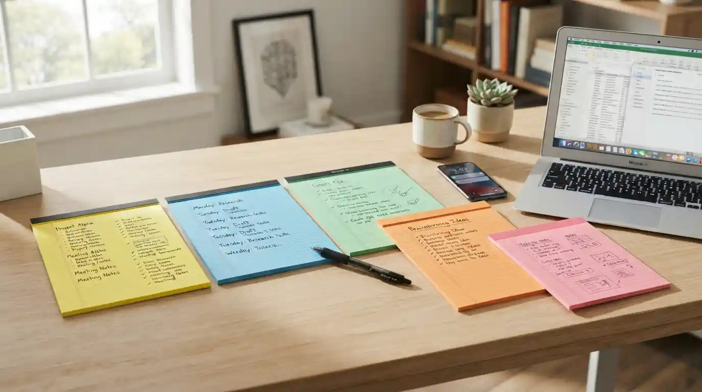Colorful legal pads arranged with notes and task lists on a modern work desk