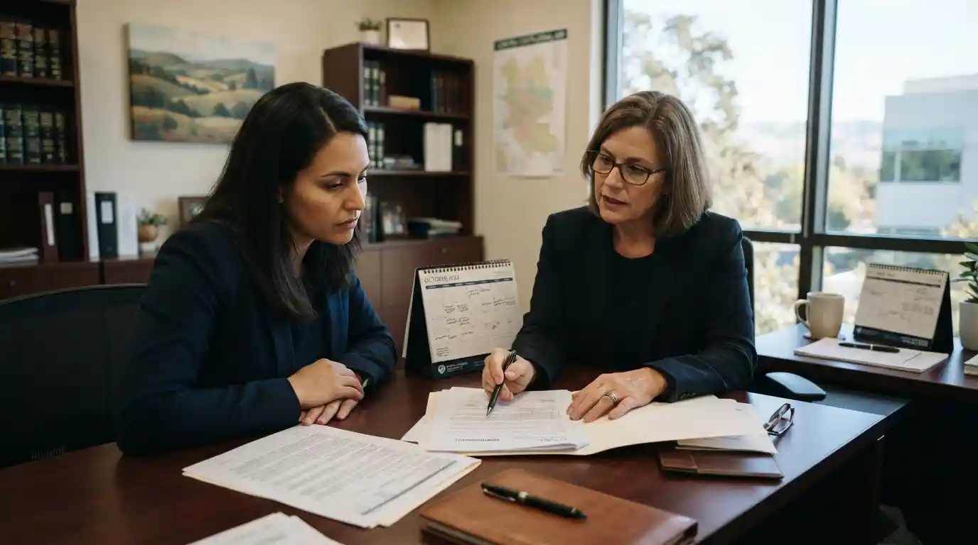 Legal professional discussing urgent paperwork with a client during a consultation