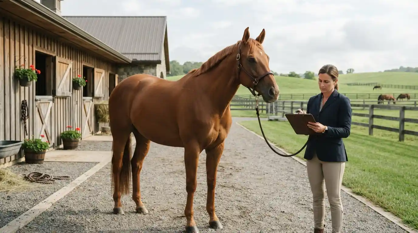 Horse standing beside an owner reviewing insurance documents at an equestrian farm