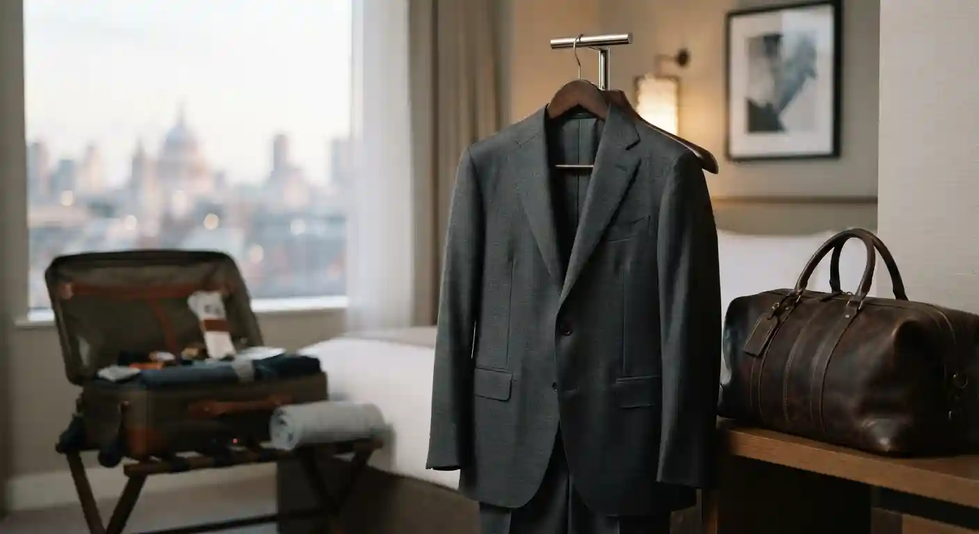 Tailored charcoal travel suit hanging beside a leather suitcase in an upscale hotel room