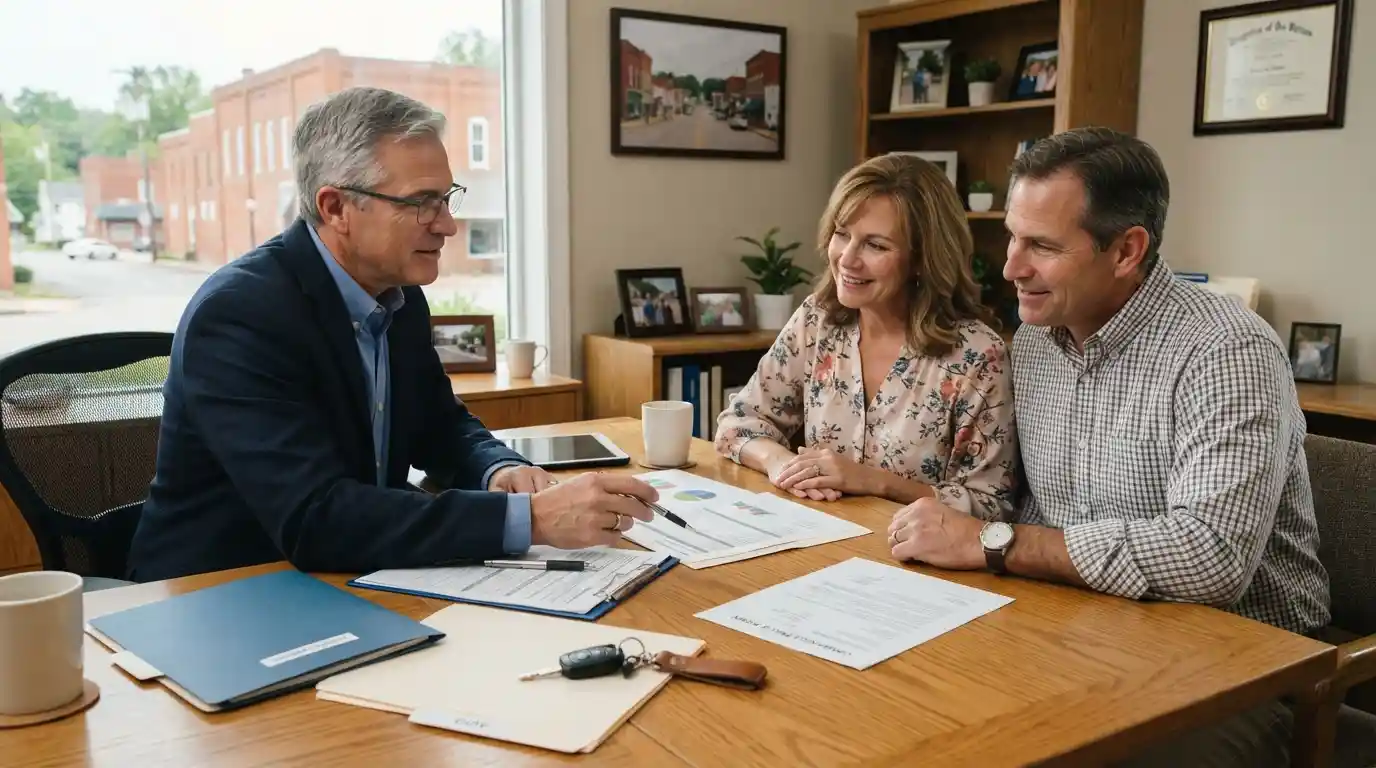 Insurance advisor discussing home, auto, and business coverage with a couple in a professional office