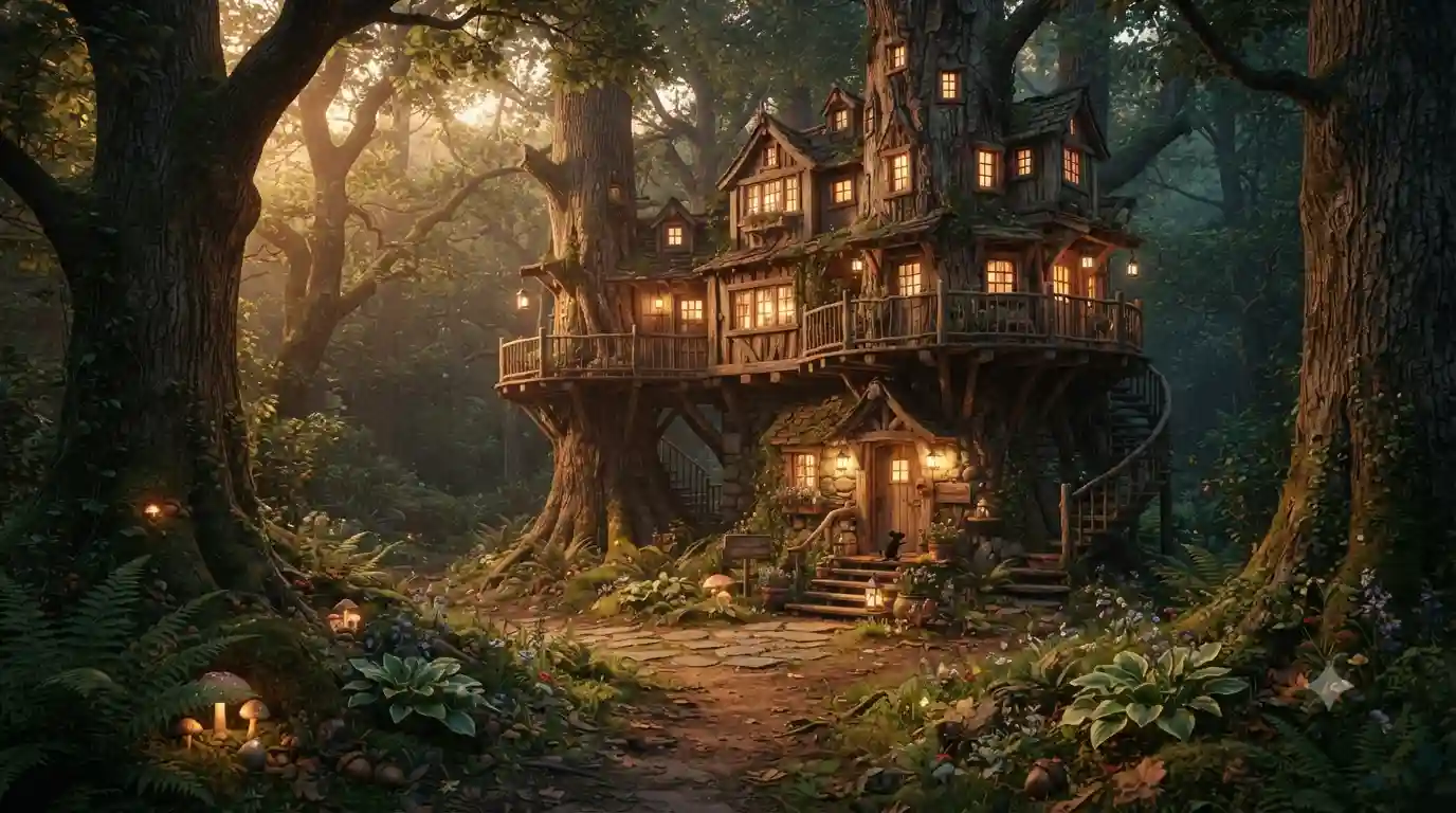 Cozy woodland hotel surrounded by trees and a forest path