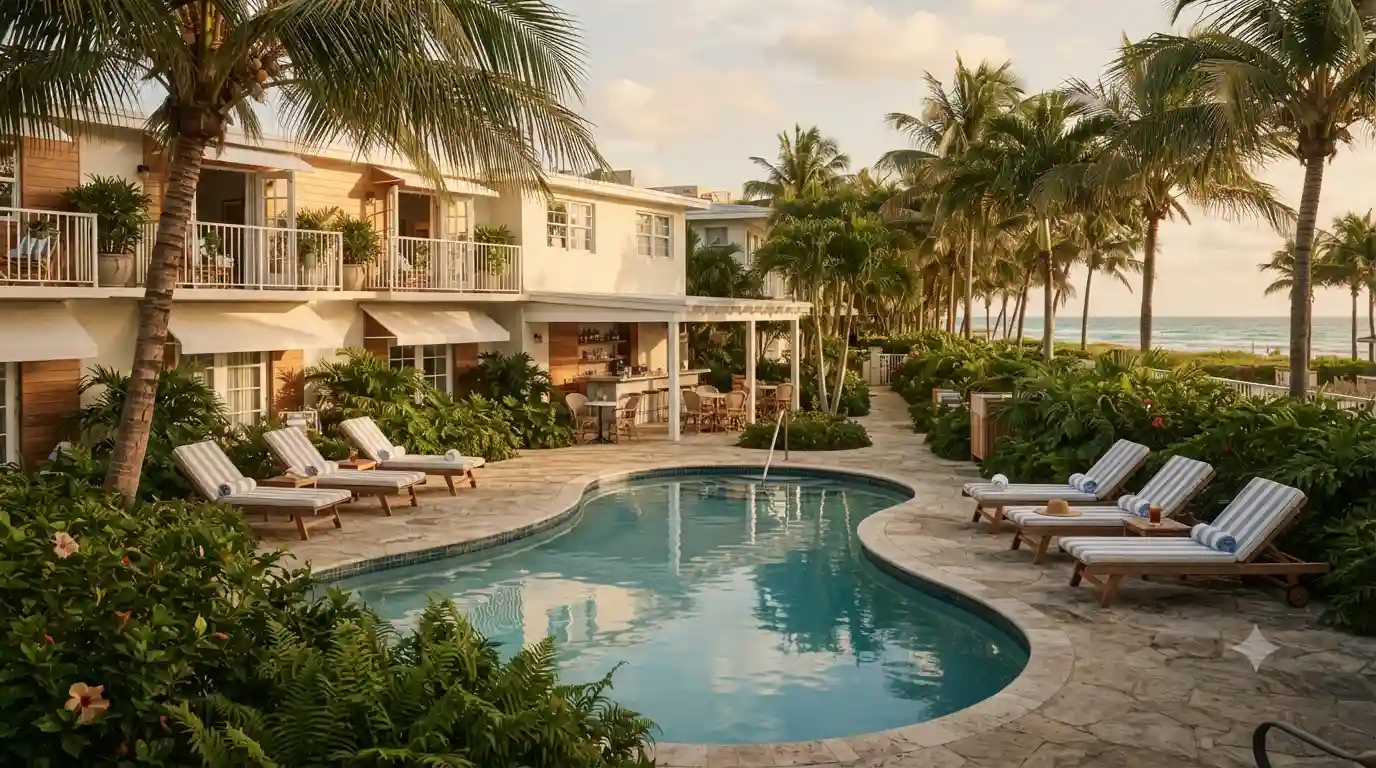Small Fort Lauderdale hotel with outdoor pool and tropical landscaping