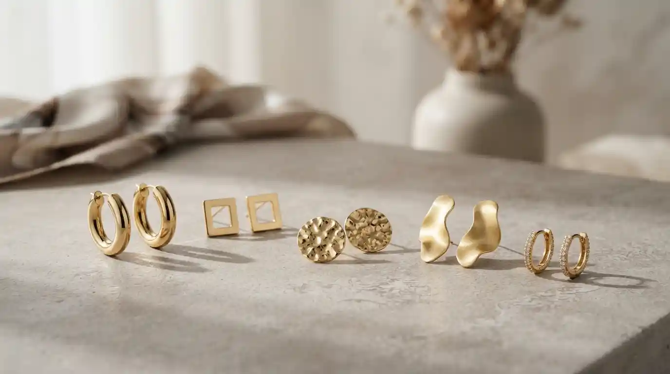 Modern gold hoops, studs, textured earrings, and sculptural drop earrings arranged for a fashion editorial