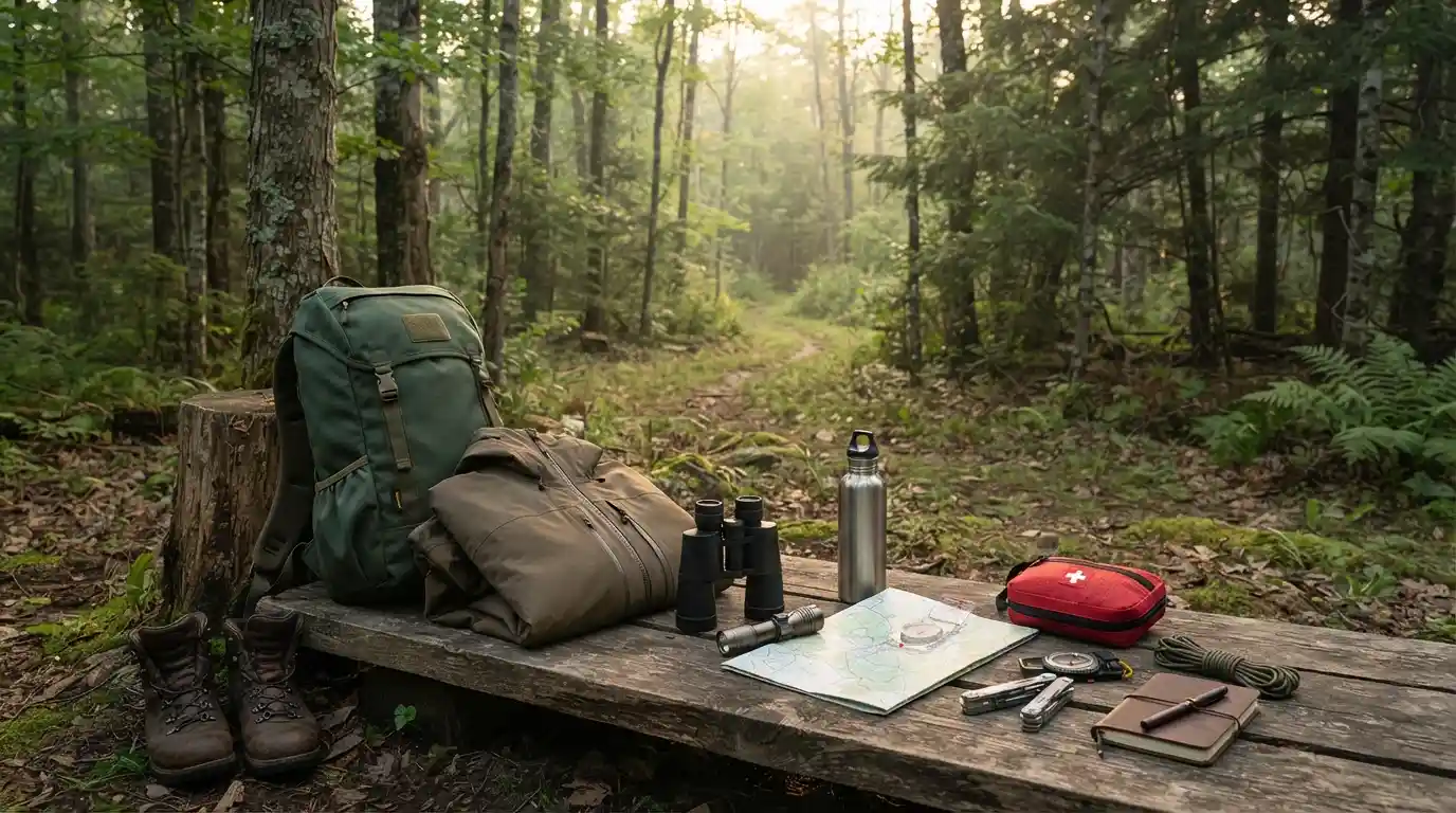Modern outdoor hunting gear including a backpack, boots, binoculars, flashlight, map, compass, and water bottle arranged beside a forest trail.