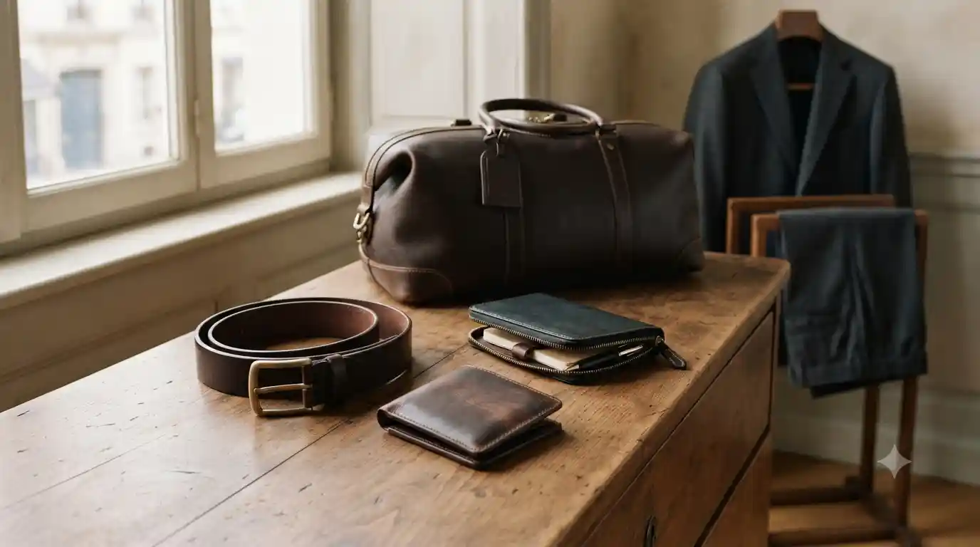 Premium leather belt, wallet, organizer, and travel bag arranged for an elegant everyday lifestyle
