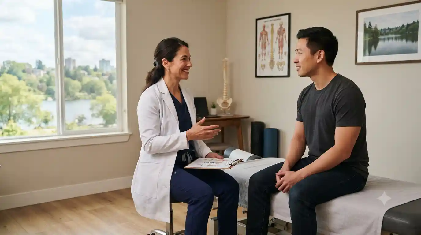 Chiropractor consulting with a patient in a modern Seattle wellness clinic