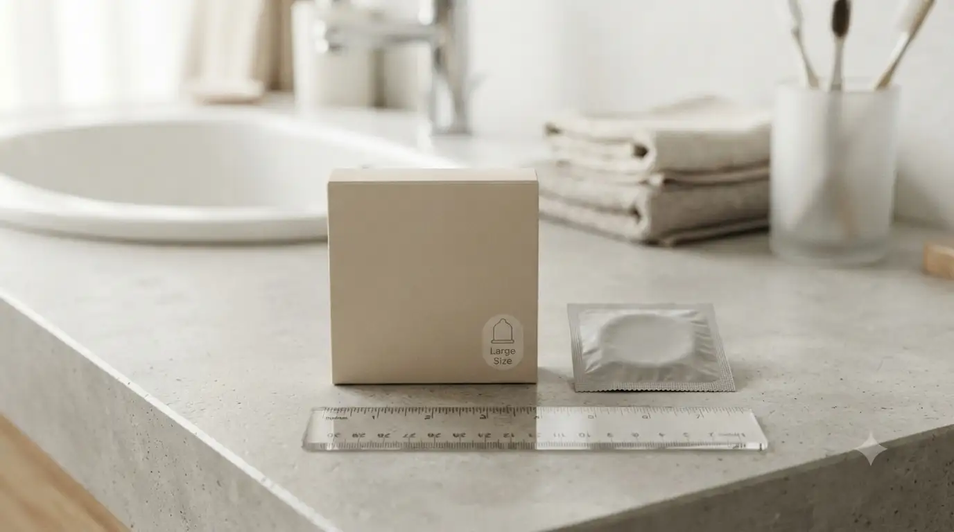 Large-size latex condom package and wrapper beside a measuring ruler