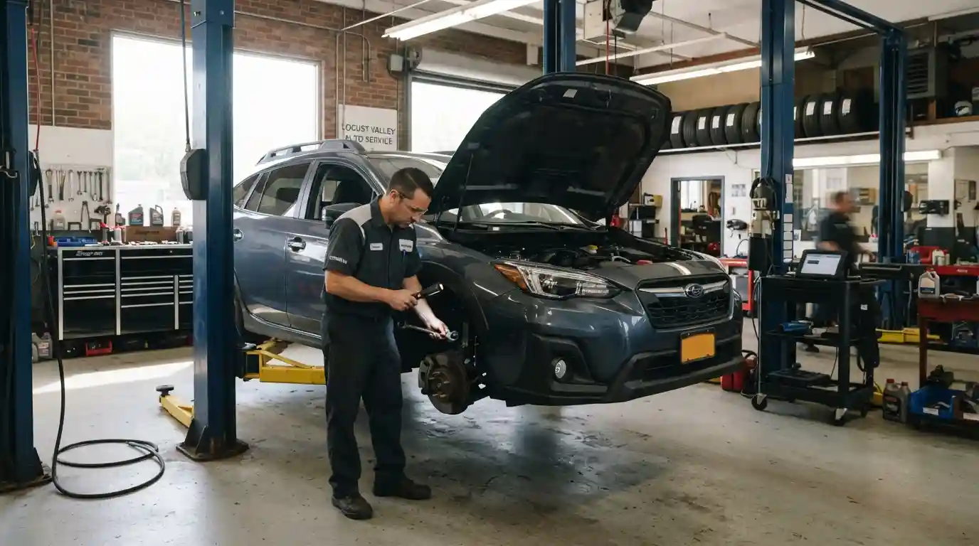Mechanic inspecting a vehicle inside a professional automotive service garage