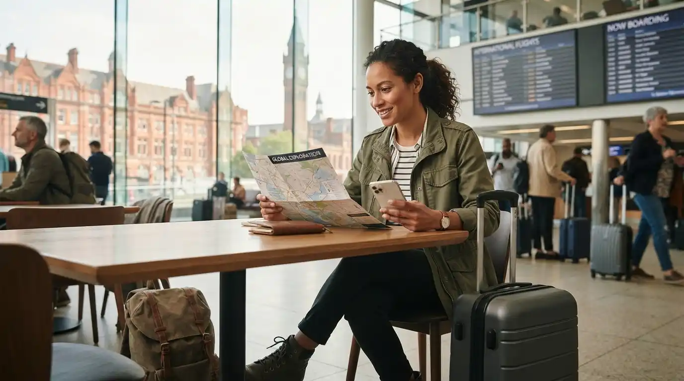 Traveler preparing for an international adventure with luggage, a travel map, and planning essentials