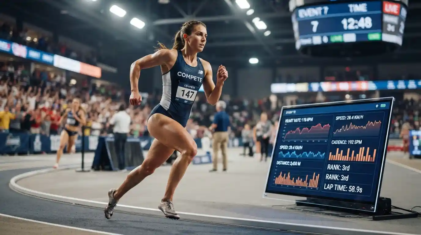 Athlete competing in a modern sports arena alongside digital performance analytics