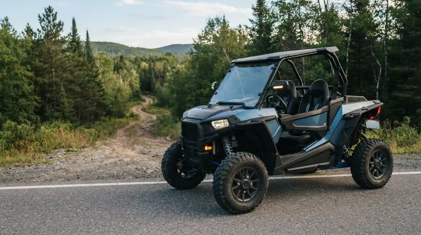 RZR-style side-by-side equipped for road use on a paved road beside an off-road trail