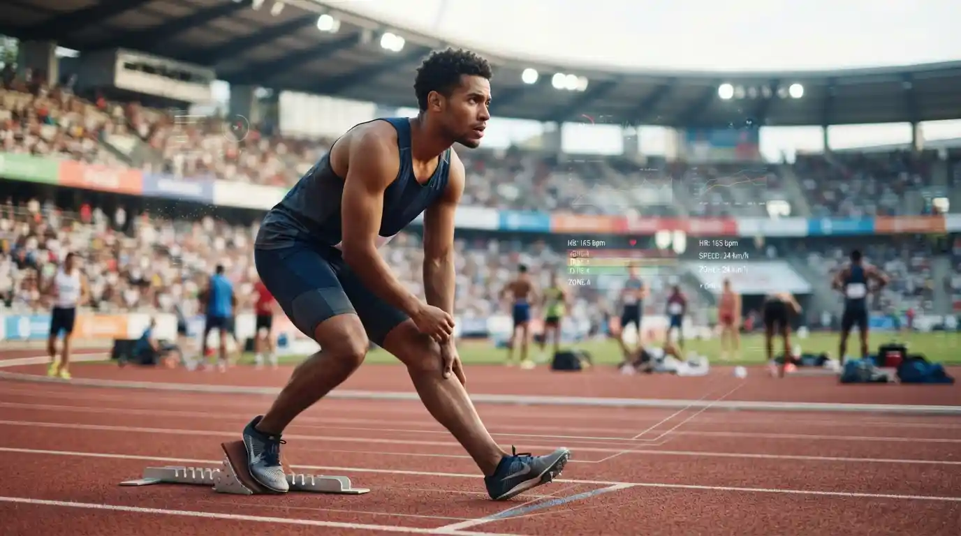 Athlete preparing for a competitive match with digital performance data displayed in the background