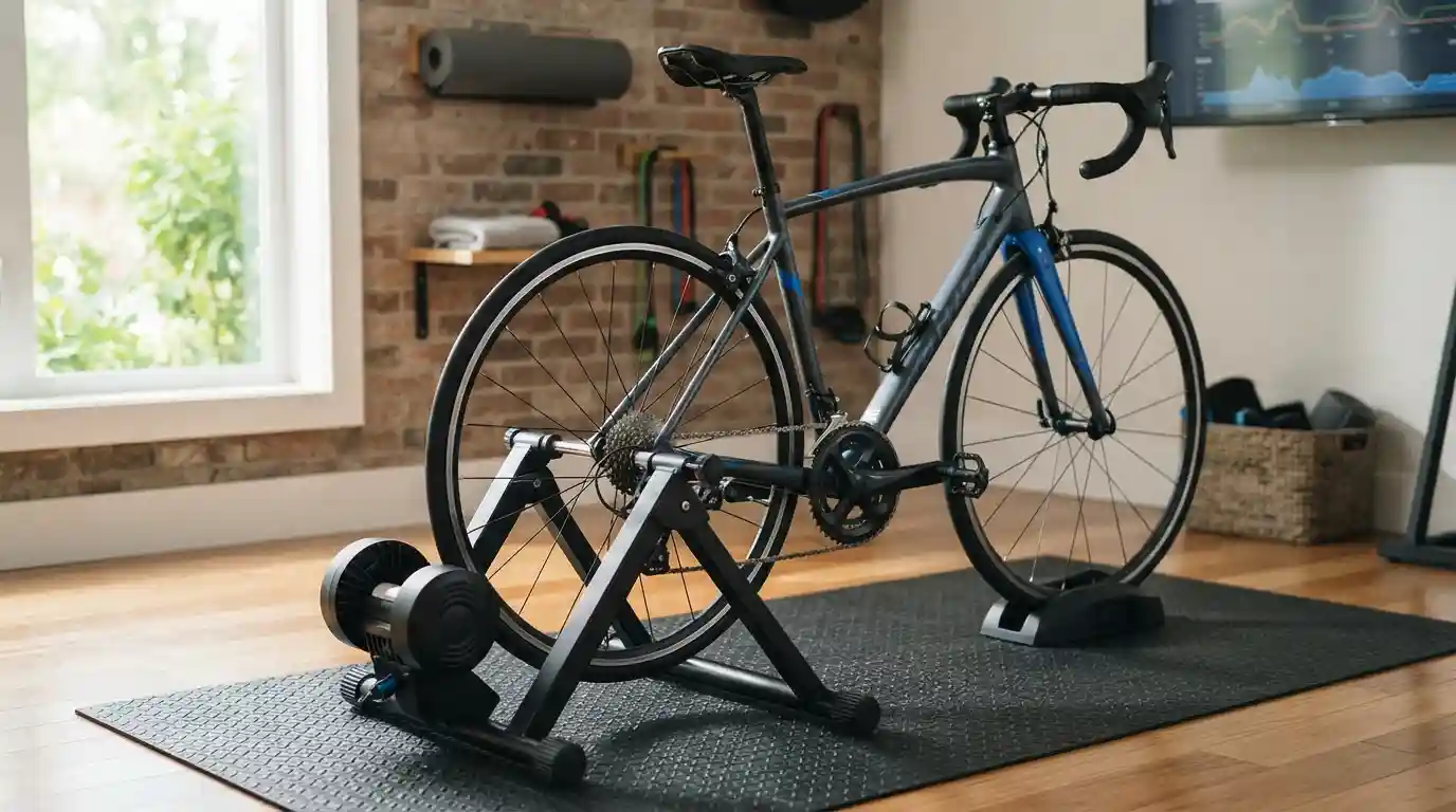 Road bicycle mounted on a Travel Trac Comp Fluid indoor bike trainer