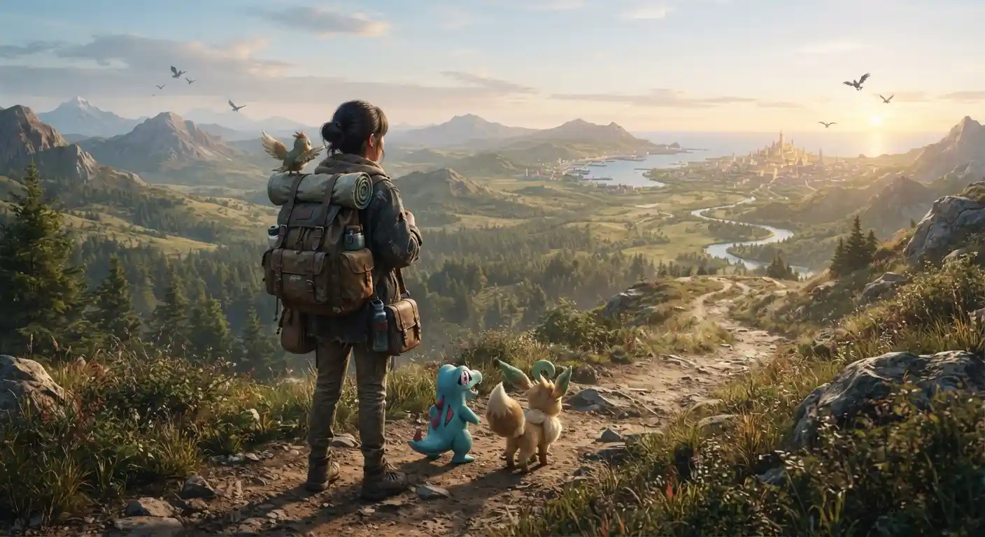 A young trainer with creature companions exploring a scenic mountain trail toward a vast fantasy world