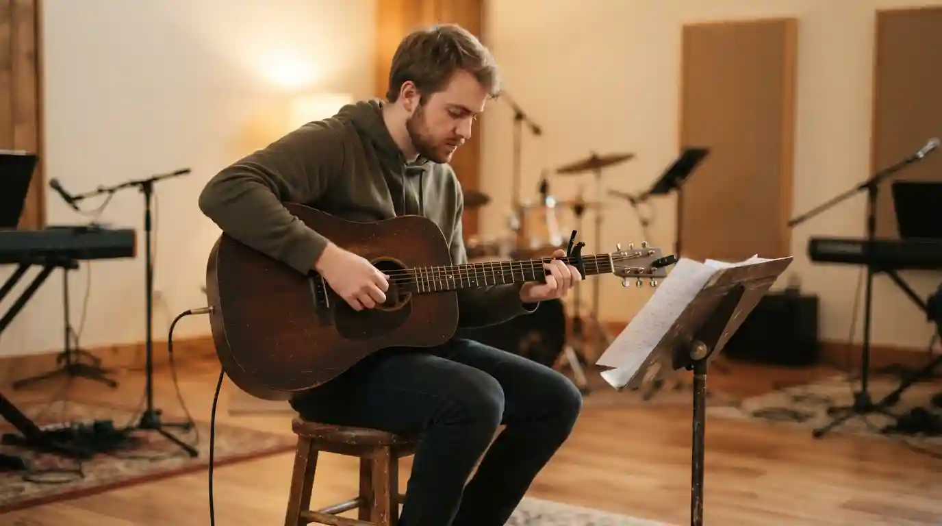 Musician practicing Wonderful Beautiful Glorious chords on an acoustic guitar