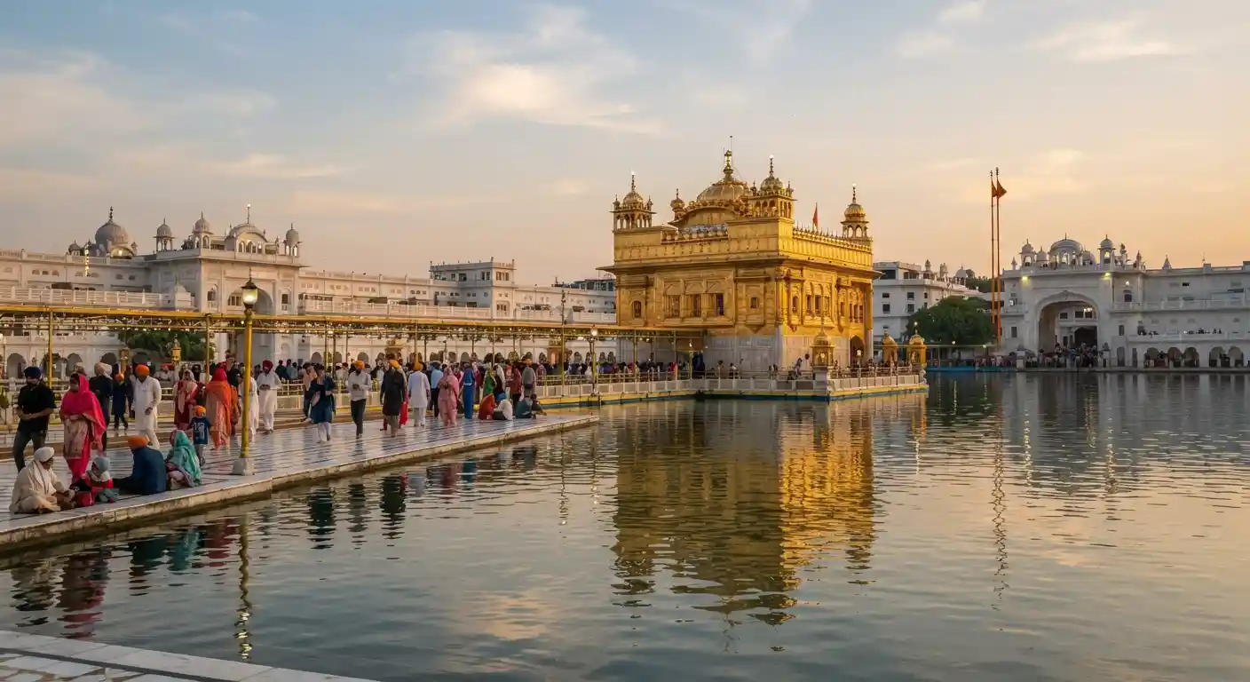 Golden Temple reflected in the Amrit Sarovar in Amritsar, India, with visitors walking around the shrine