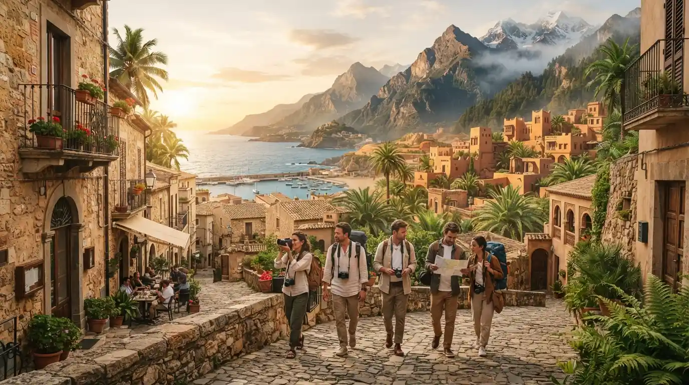 Travelers exploring a scenic international destination with historic architecture, mountains, and tropical landscapes