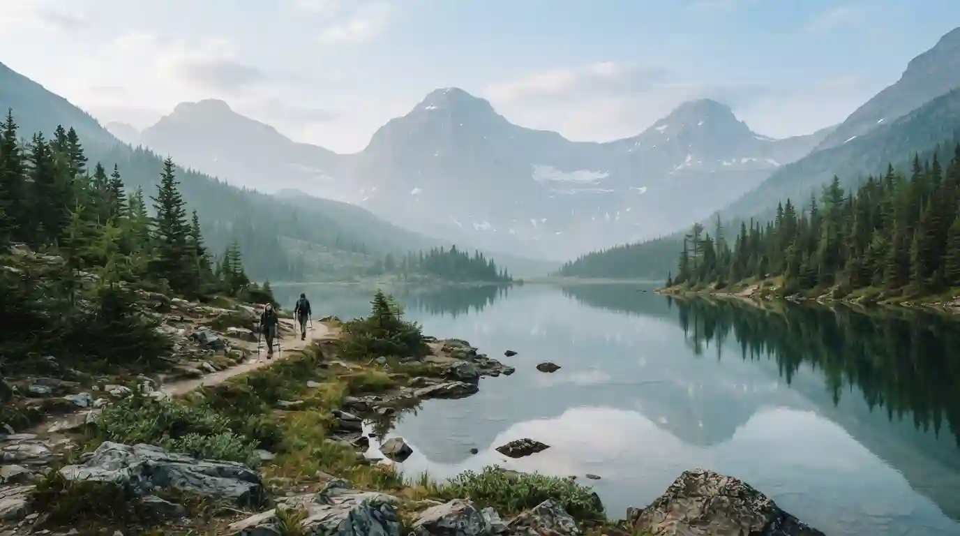 Serene mountain lake surrounded by green mountains and mist, representing peaceful travel destinations