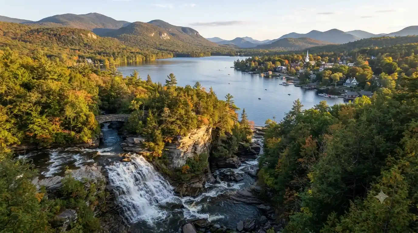 Scenic Upstate New York landscape with a waterfall, lake, forest, and mountains