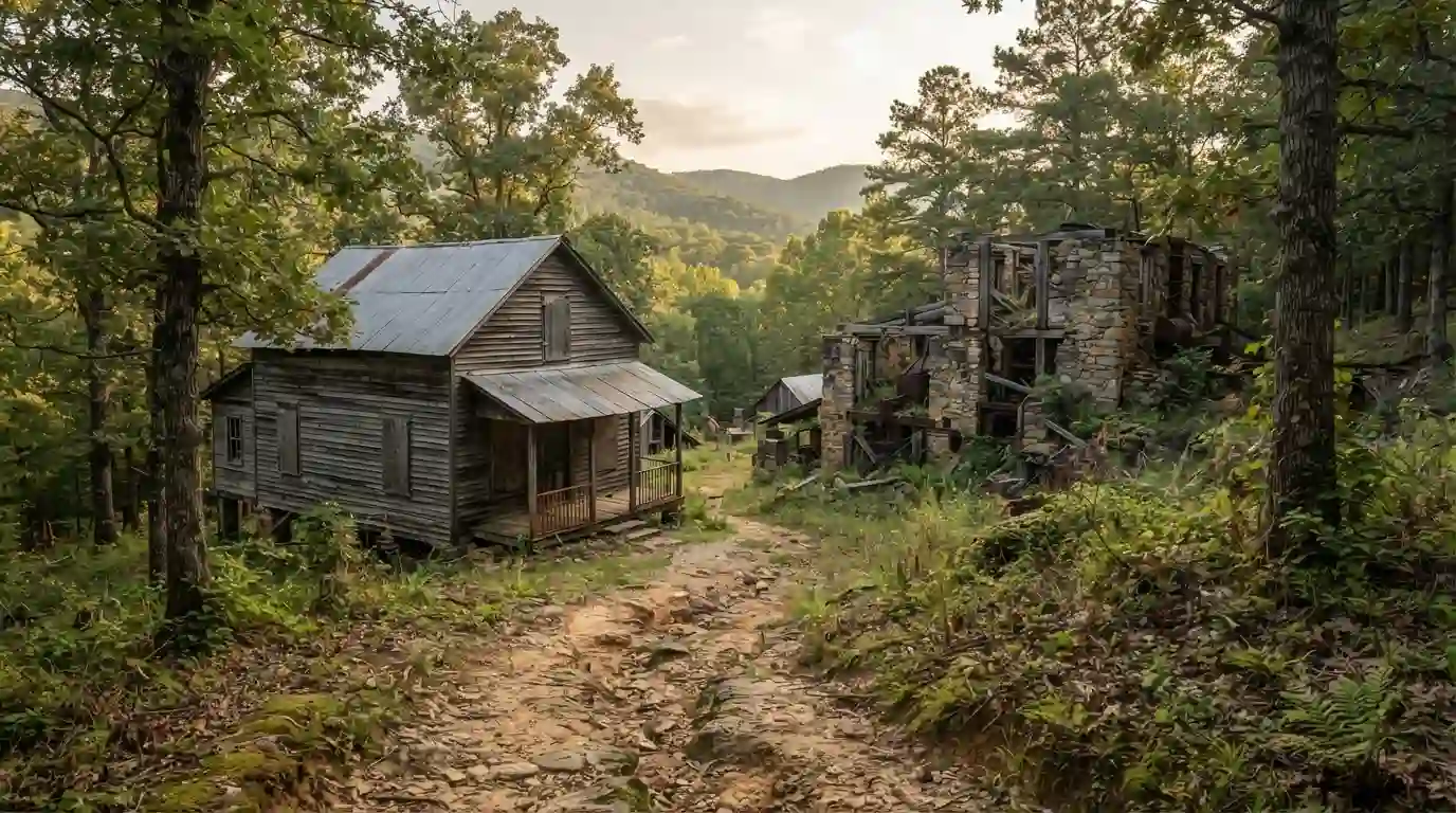 Weathered historic mining buildings surrounded by forest in the Arkansas Ozarks
