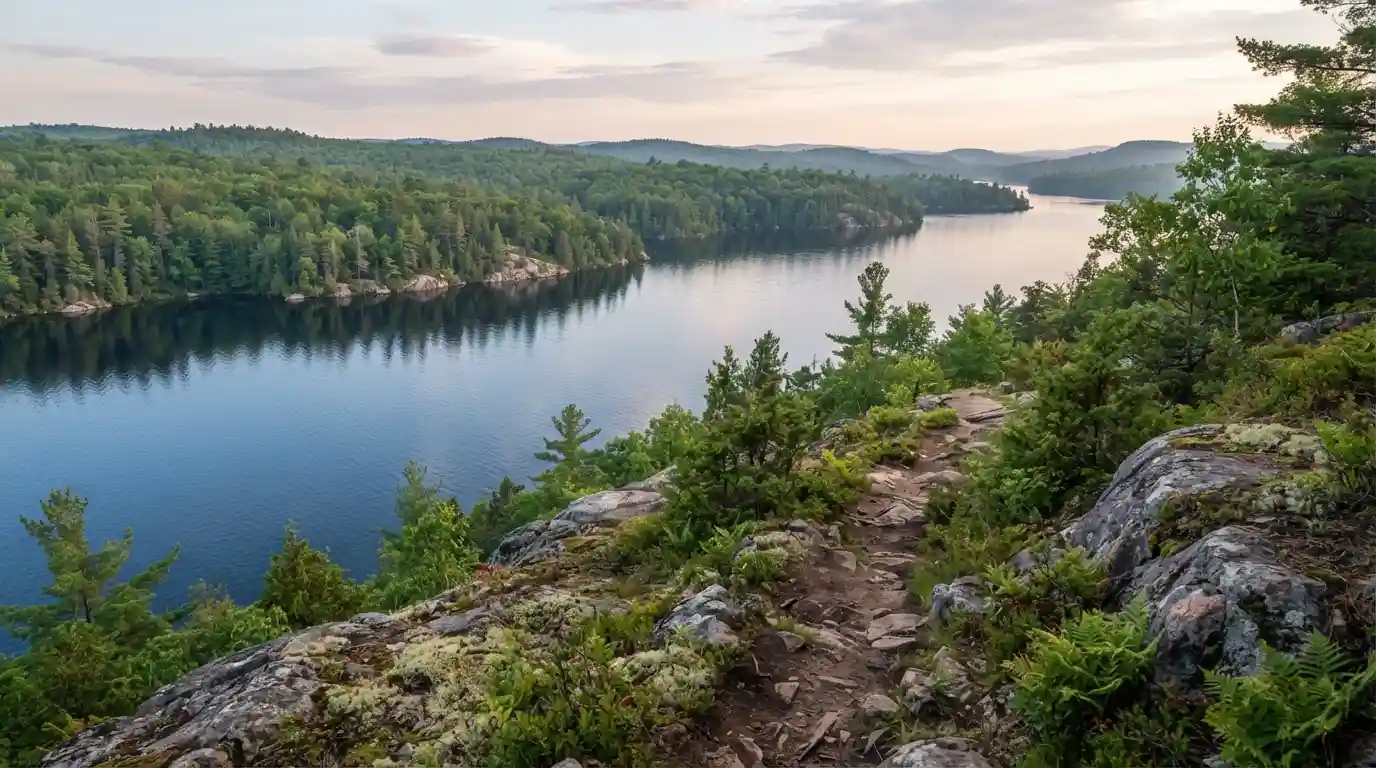 Scenic Ontario wilderness with a lake, forest, rocky shoreline, and hiking trail