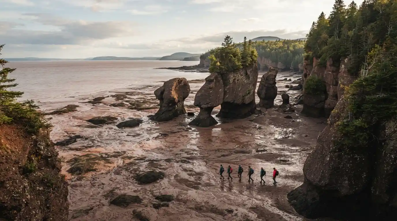 Travelers exploring the rocky Bay of Fundy shoreline during low tide