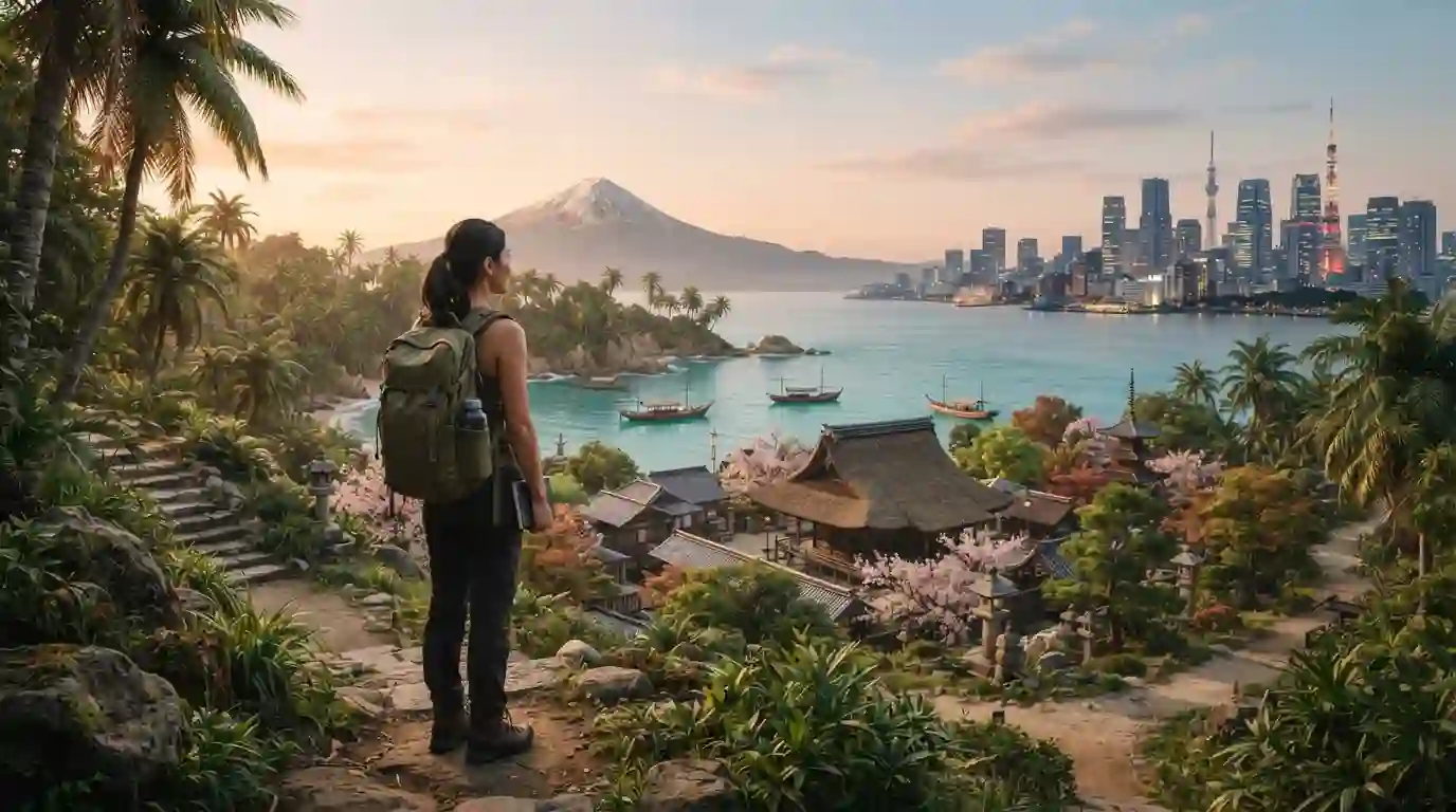 Traveler overlooking a diverse Asian landscape with a Japanese temple, mountains, tropical coastline, and modern city skyline