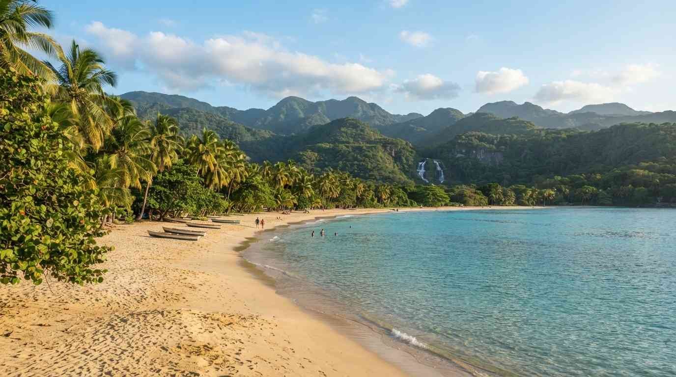 Tropical Jamaican beach with turquoise Caribbean water, palm trees, and lush green hills