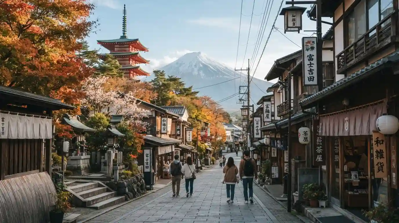 Traditional Japanese streetscape with Mount Fuji in the distance and travelers exploring